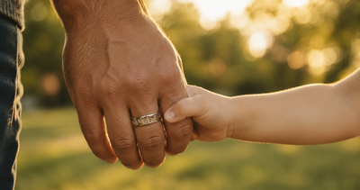 Father holding child's hand wearing men's diamond wedding band — meaningful Father's Day ring gift